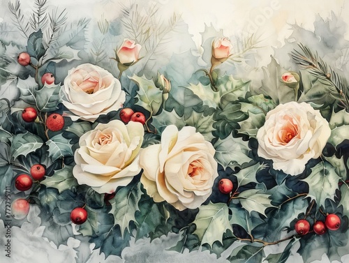 Watercolor winter roses, blush and ivory tones against a backdrop of holly, elegant and festive photo