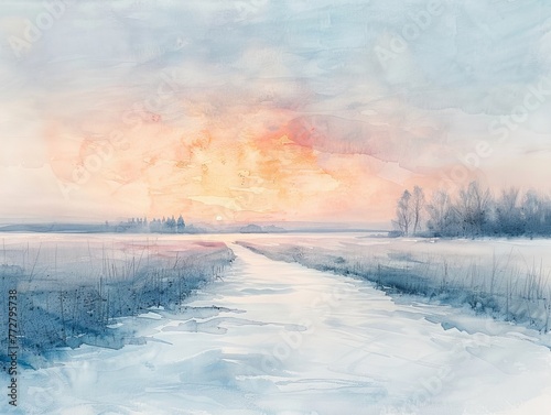 Winter sunrise over a frozen field, watercolor hues of pale blue and soft orange, a promise of warmth in the cold © Pornarun