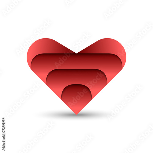 Red layers heart shape logo on a white background, featuring red areas forming the abstract shape of a heart, symbol of love and Valentine is Day.