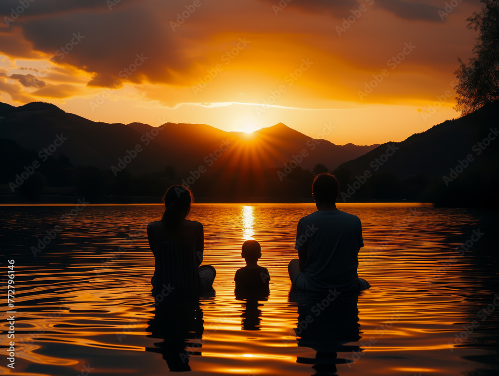 Silhouettes of young mother, father and child relaxing in lake during sunset, AI generated image. Dusk tranquility: Silhouetted family relaxes as sun sets