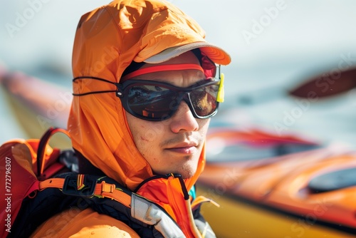 male in sunprotective gear, uv glasses, with a kayak photo