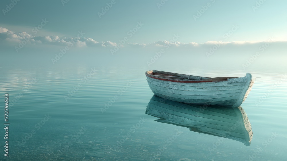 A boat drifts on water near a lily-covered shore A boat drifts on water near a lily-covered shore