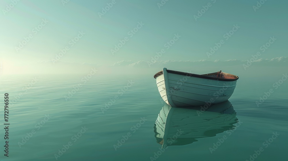   A white boat floats on calm water beside a grand body of water under a clear sky