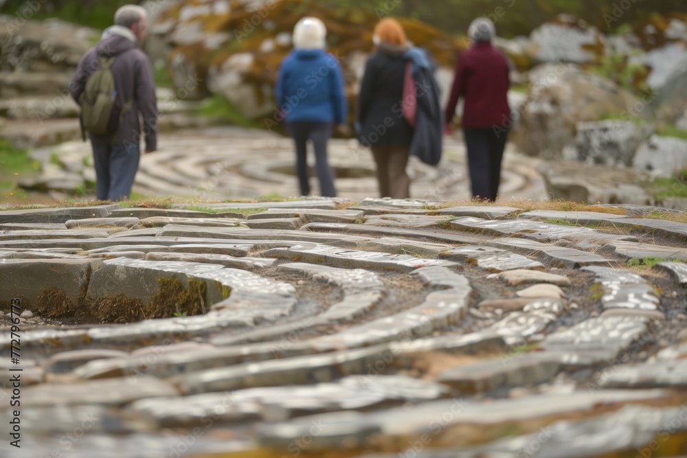 retreat attendees walking a stone labyrinth in silence - obrazy, fototapety, plakaty 