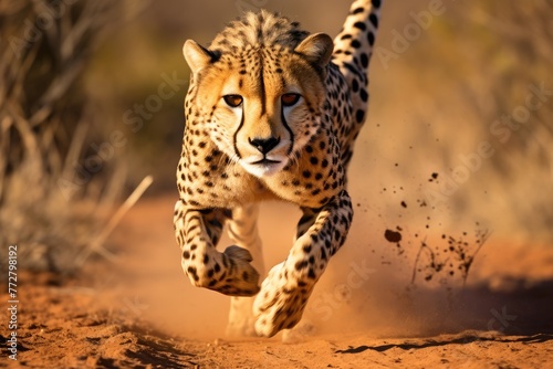 Cheetah face, Cheetah quickly runs burning, the fastest. Speed on fire, Cheetah running in National Park South Africa, Ai generated