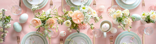 An Easter table setting blooms in soft pastel hues, capturing the essence of spring with each carefully placed flower and egg.