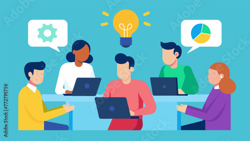 An illustration of a workplace meeting with one team member sitting back and not contributing to the brainstorming session while the rest of
