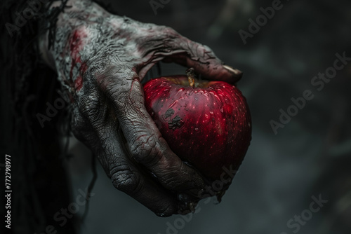 Witch Hand Holding a Poison Fruit in a Foggy Haunted Horror Forest