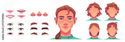 Young man face avatar construction kit with different haircuts and eyes, brows and noses, lips smile. Cartoon vector illustration set of creation generator caucasian male character head elements.