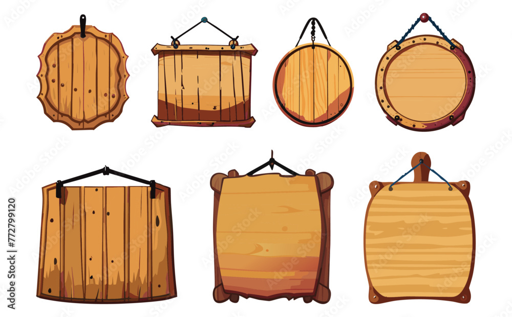 Naklejka premium 吊り下げ木製看板ベクターイラストセット