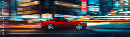 The city at night becomes a canvas for the red car's speed, its motion blur a testament to the velocity it commands.