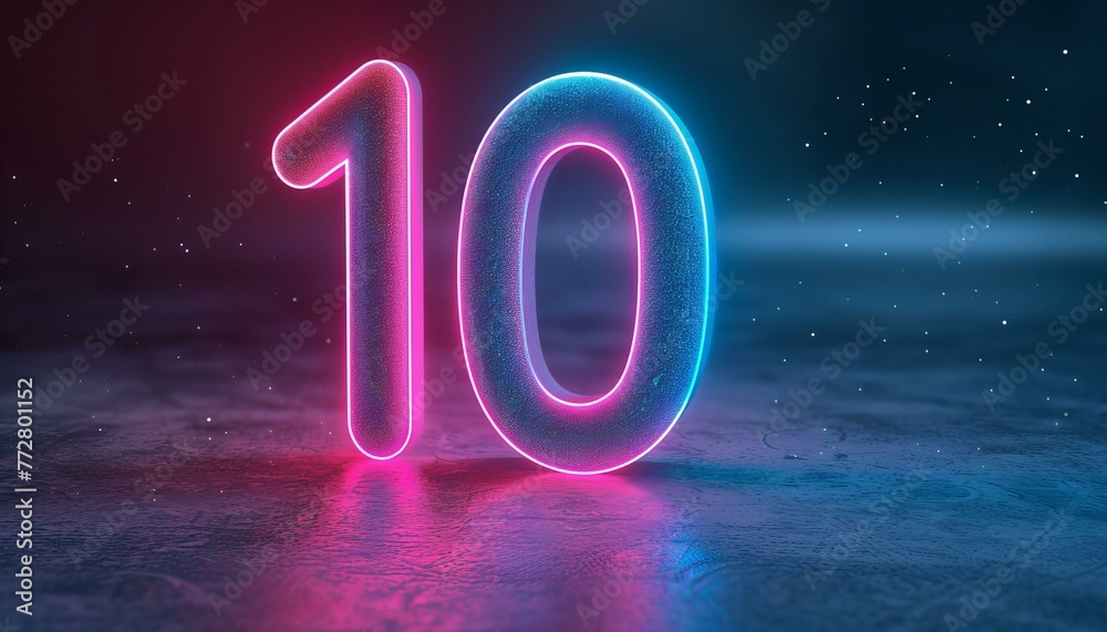 Neon number 10 illuminated in pink and blue. 3D digital art with neon lighting. Modern decor style