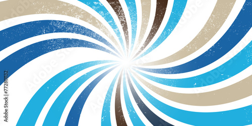 Carnival stripe rays background layout, retro spiral circus poster with radial burst, vector grunge. Funfair carnival background of pinwheel stripes or blue and beige sunbeam radial rays pattern
