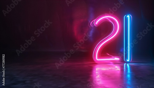 Shining neon number 21 with a glowing outline. 3D visualization for celebration, significant dates