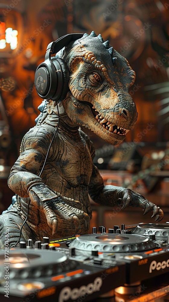 Fototapeta premium A TRex DJ in the midst of a set, headphones on, as it expertly drops the bass, turning the decks with its gigantic, yet delicate hands
