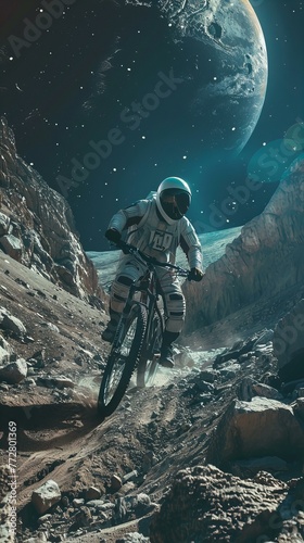 Astronaut riding a bicycle on a lunar surface with an earth-like planet in the background. Science