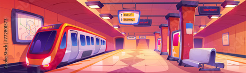 Train on subway station. Underground city metro railway illustration. Public rail transport cartoon background. Tunnel interior with passenger machine express arrival track. Screen and bench inside