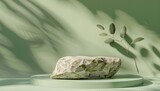 Green skincare products on a marble podium with botanical shadow effect. Wellness and beauty