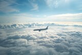Passenger Commercial jet plane in the sky above clouds. travel, tourism, transportation background