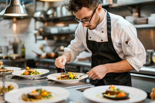 A young male chef is in the kitchen, wearing an apron and glasses while plating up dishes of delicious food on white plates that have just been made for guests to eat at home or in a restaurant