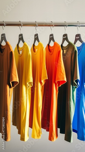 Colorful hanging T-shirts on a clothes rack. Fashion and retail concept. Design for apparel store