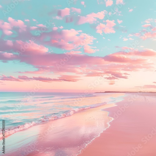 Pink Clouds Painting of a Beach