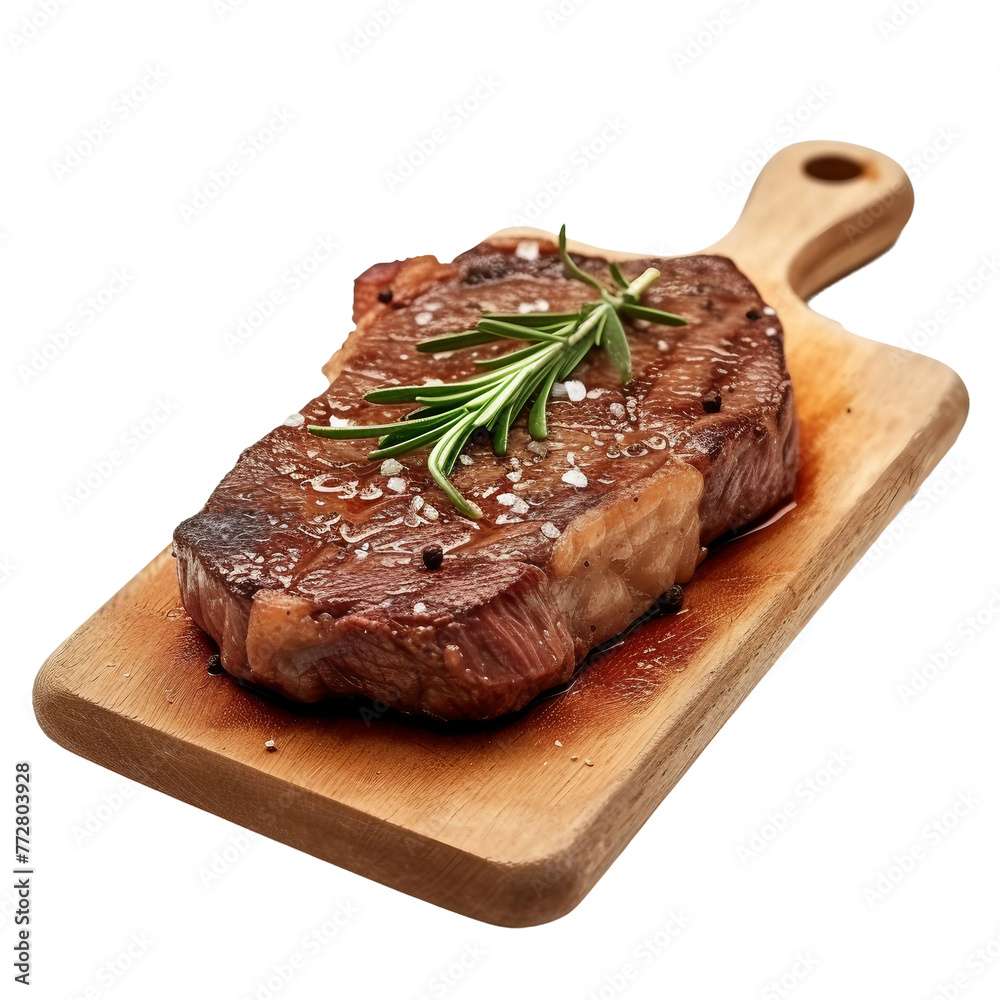 Transparent Steak on Cutting Board with Rosemary, Tomato Cherry