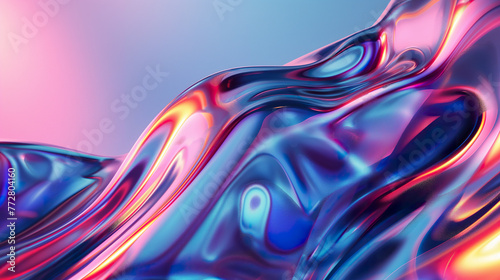 3D rendered abstract fluid liquid background with colorful waves and curves. Shiny metallic texture in blue pink and purple colors.