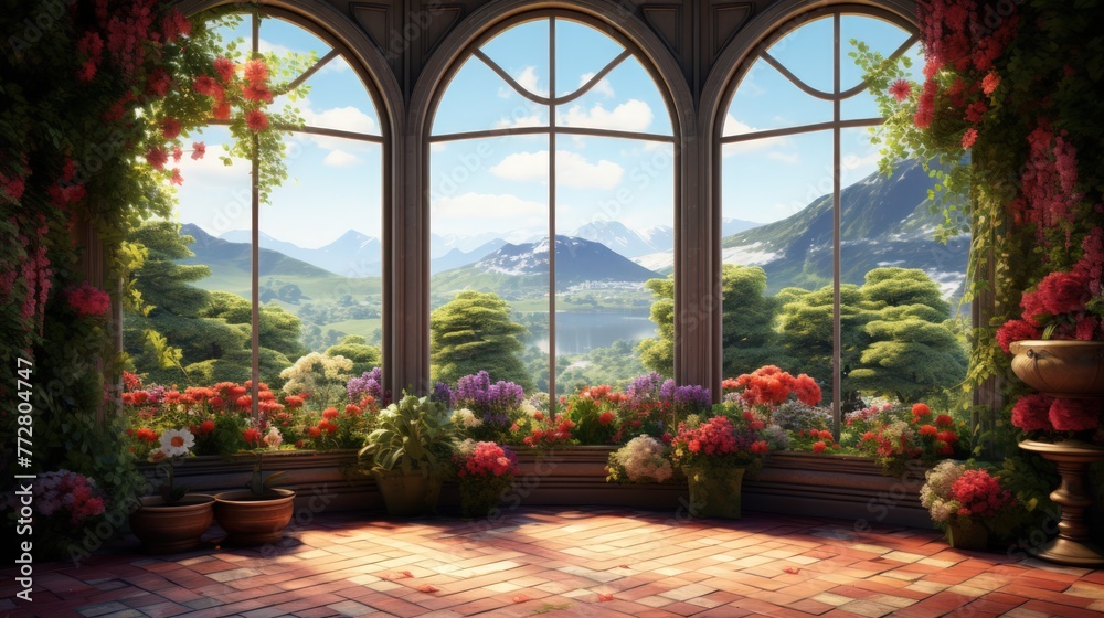A painting of a room with a view of a mountain range. The room is decorated with plants and has a brick floor