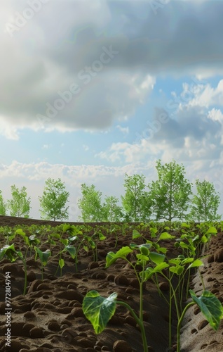 A serene farm field with neatly planted rows of beans emerging from the rich  brown soil under the clear blue sky