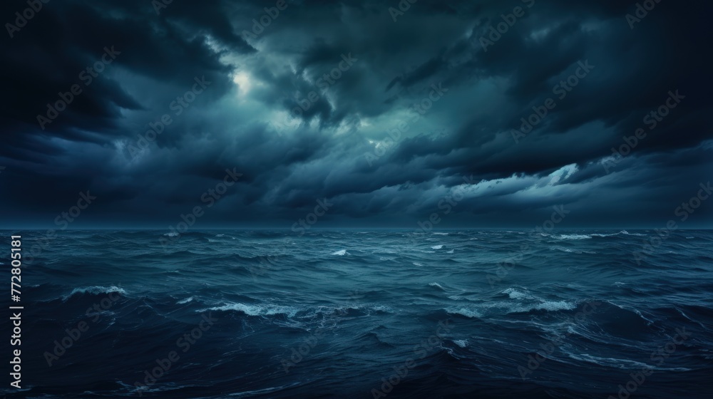A haunting scene with a black and blue sky, eerie clouds, and a menacing sea.