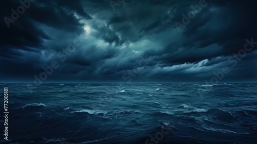 A haunting scene with a black and blue sky  eerie clouds  and a menacing sea.