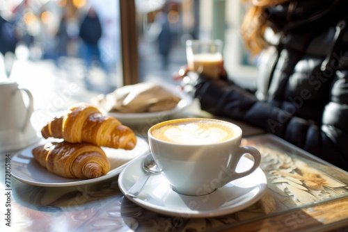 traveler at a parisian cafe with coffee and croissant