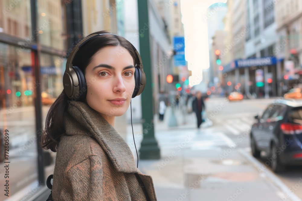 woman on a city sidewalk, headphones on, distant gaze with unfocused eyes