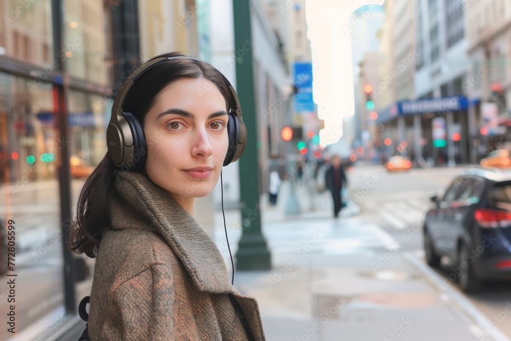 Fototapeta premium woman on a city sidewalk, headphones on, distant gaze with unfocused eyes
