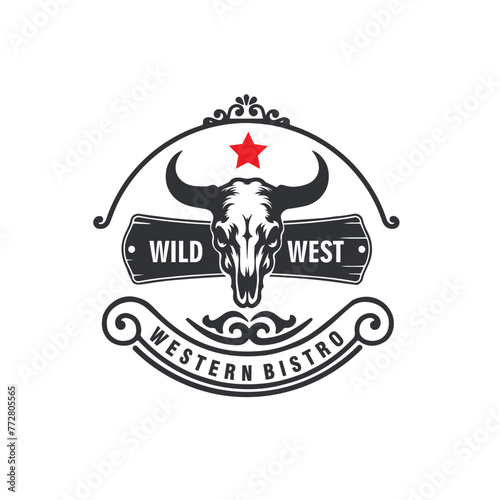 Cow skull western longhorn rustic ranch badge vintage logo vector graphic