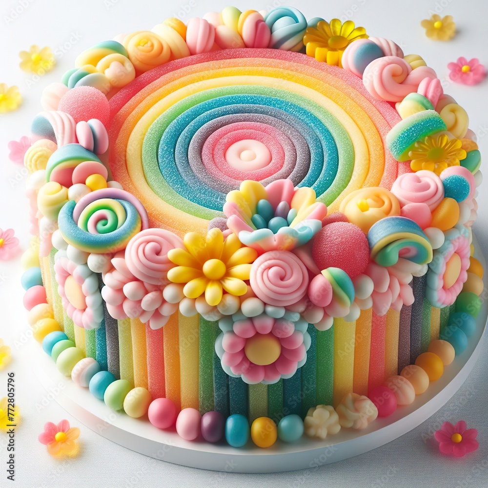 a  birthday cake made of pastel color rainbow gummy candy with flowers around on a white background