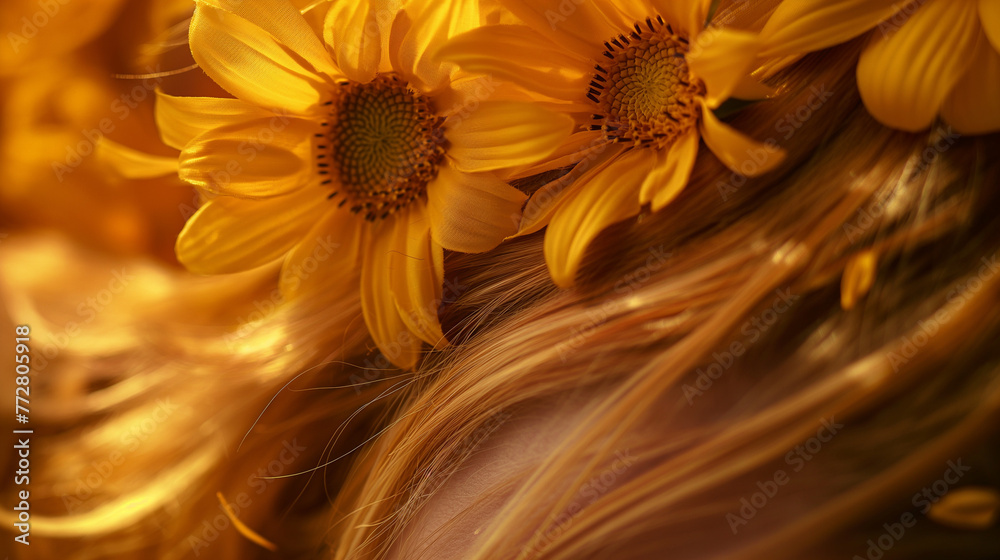 Zbliżenie na płatki kwiatów wplątane w farbowane kobiece włosy - obrazy, fototapety, plakaty 
