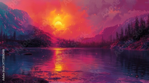 Vibrant sunset over a mountain lake