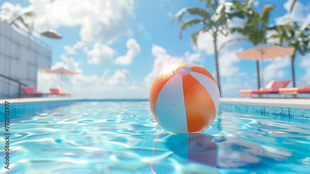 An orange and white beach ball floating in a pool of water