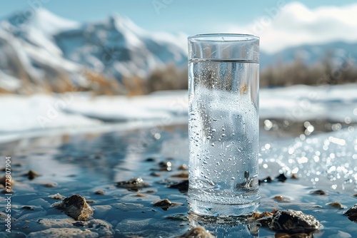 Healthy water flow, bottle to glass, pristine, against snowy vista, organic refresh , clean sharp focus