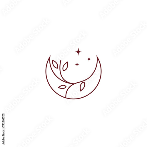 crescent moon logo design decorated with stars combination of plants in line art design style