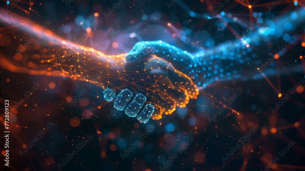 Two AI entities engage in an abstract digital handshake - obrazy, fototapety, plakaty 