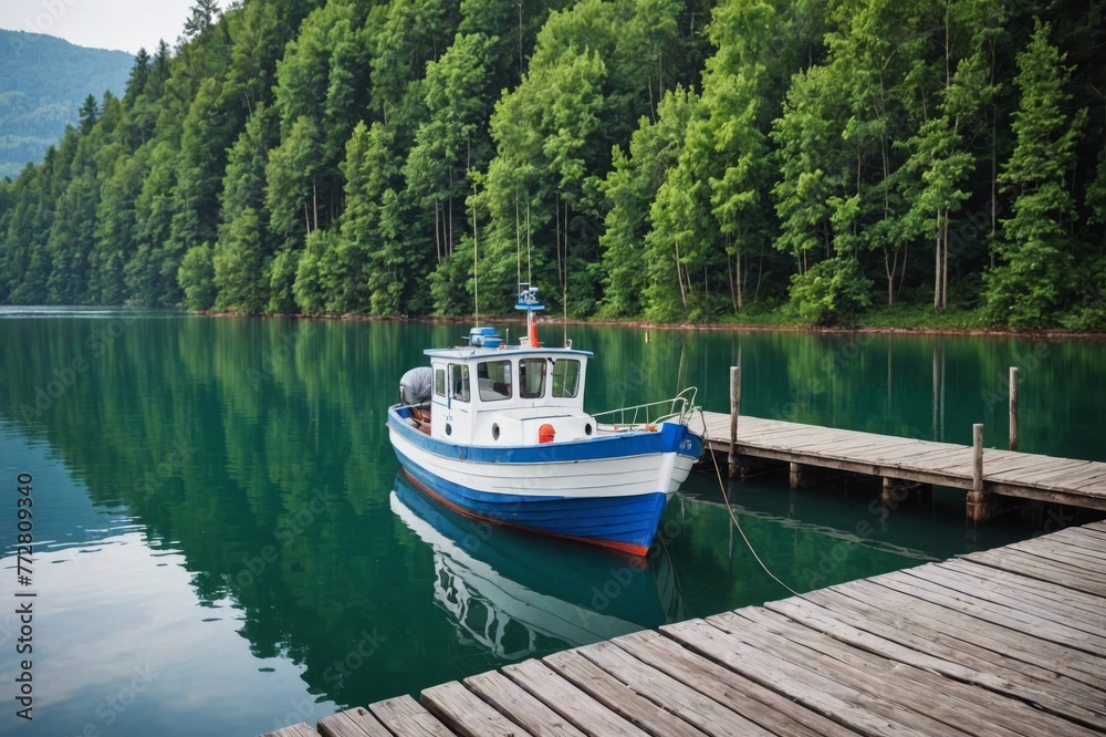 Blue and white fishing boat parked in wooden dock on lake