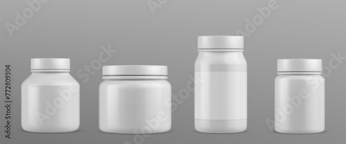 Plastic bottle for pills and supplements mockup. Realistic 3d vector set of white jar for medicine and vitamin with blank label. Template of round closed container pharmacy capsule, tablet or powder.