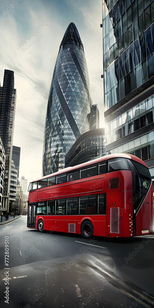 Ônibus de dois andares vermelho dirigindo pela paisagem urbana