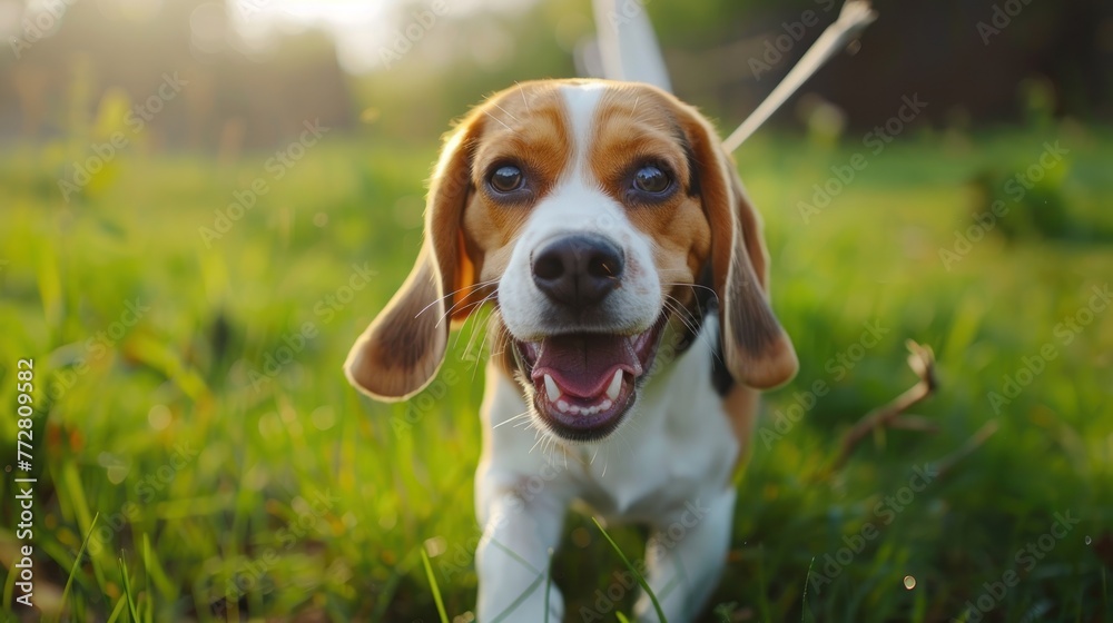 Energetic Beagle Sprints Joyfully with Stick in Sunlit Field - Generative AI
