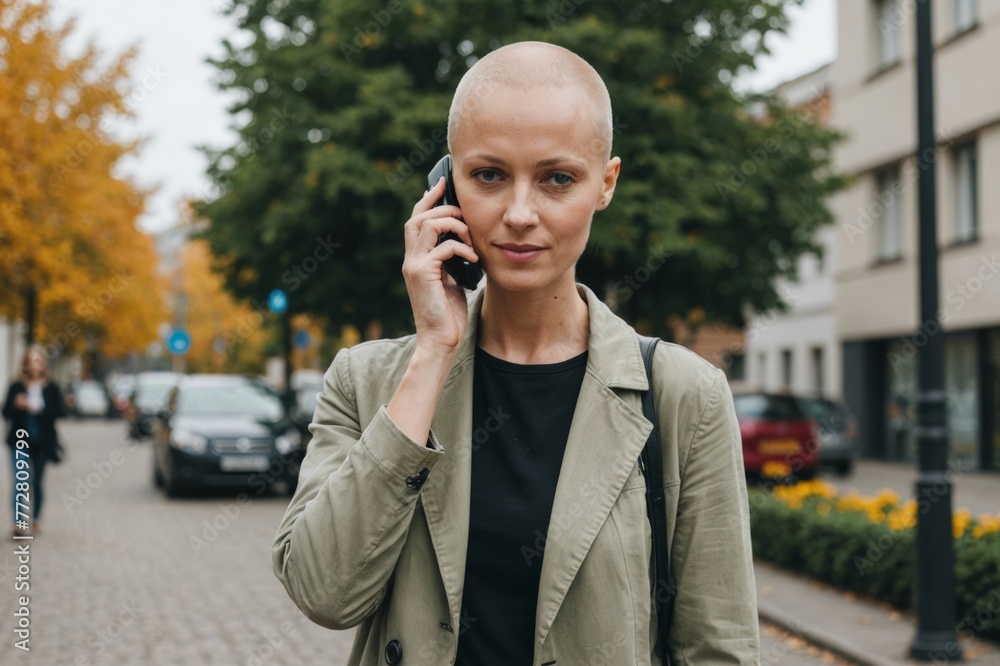 Young Caucasian woman with alopecia standing outdoors talking on phone Young Caucasian woman with alopecia standing outdoors talking on phone