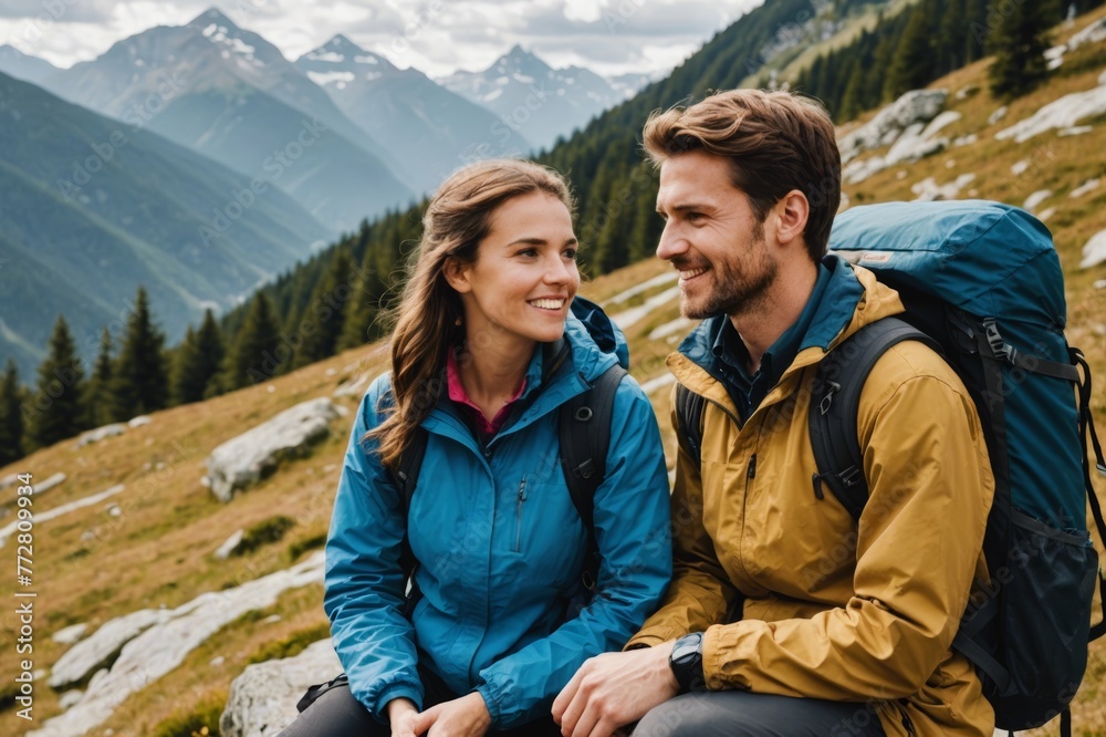 Young couple on a hiking trip in the mountains having a break