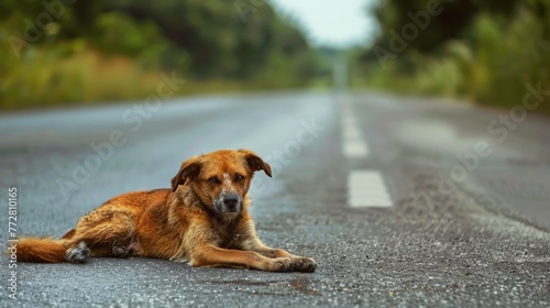 Solitary Canine on a Deserted Road Awaiting Fate at Sunset Generative AI